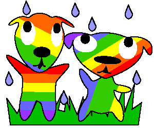 A gif of a rainbow cat and rainbow dog on some grass. It starts off raining, and the animals are sad. Then, a flower grows and they smile, then hold hands, a smiling sun appearing in the background. Hearts appear around them at the end. Then the gif loops.